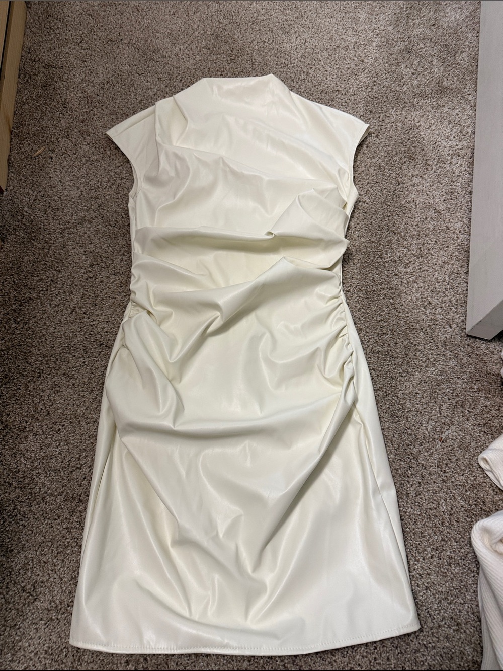 Ivory Faux-Leather Midi Dress with Ruched Side Detail